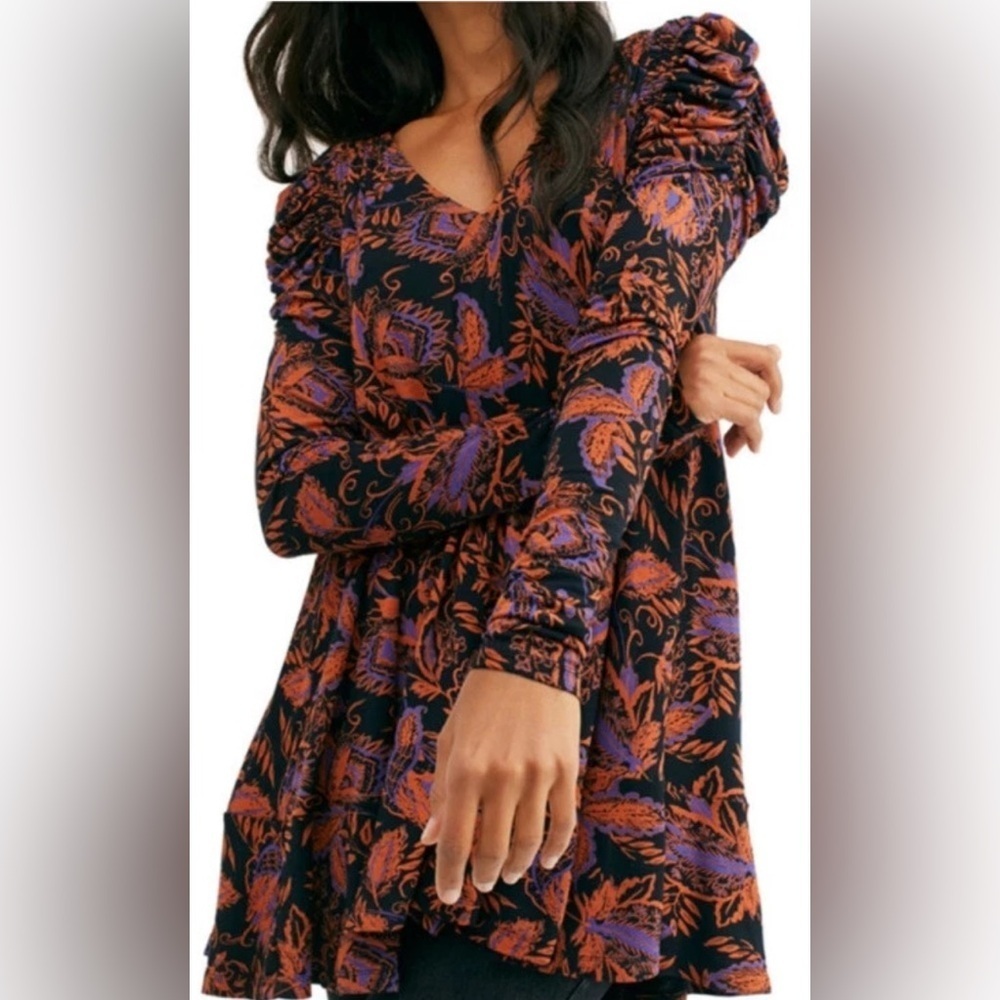 Free People Hello Lover Tunic Top In Noir Combo Size S Puff Sleeve Floral Dress